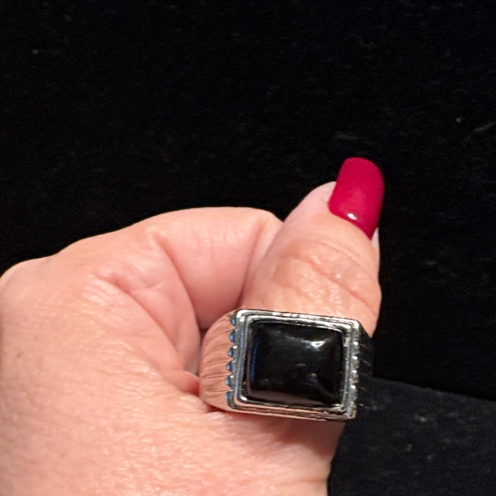 Men's Silver and Black Square Stone Ring